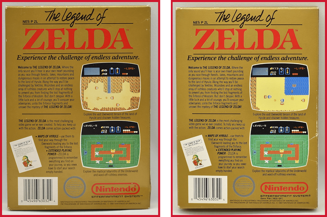 Backs of two Legend of Zelda box variants