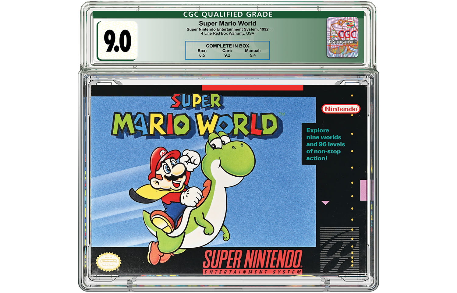 CGC graded Mario World video game with a green Qualified label